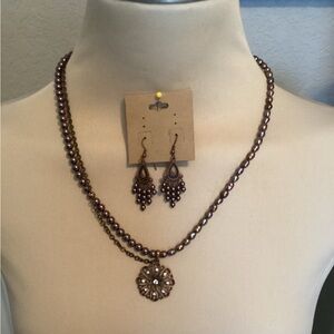 Purple Swarovski pearls, fresh water pearl necklace and earrings